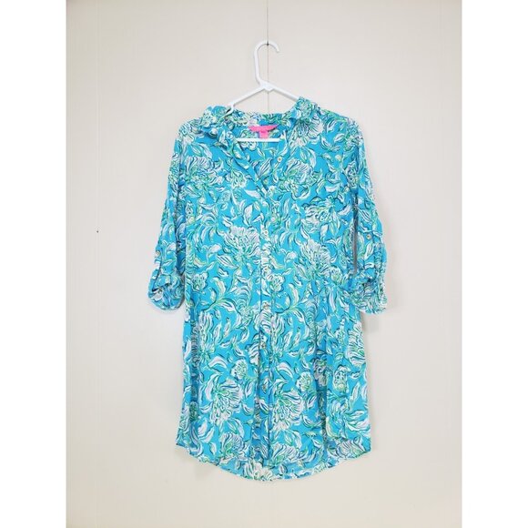Lilly Pulitzer Tops - Lilly Pulitzer Womens XS Natalie Shirt Dress Easy Coverup Turquoise Blue Floral
